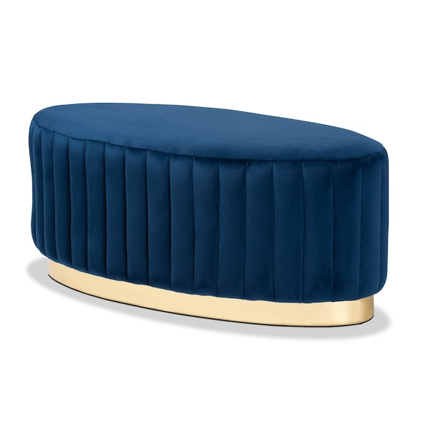 Baxton Studio Kirana Glam and Luxe Navy Blue Velvet Fabric and Gold PU Leather Ottoman 175-11241-Zoro - main